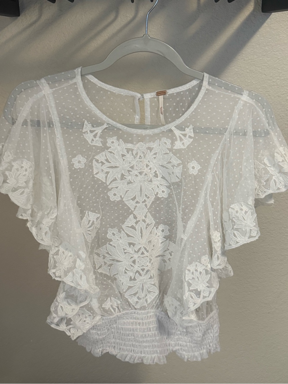 Free People White Swiss Dot Sheer Embroidered Flutter Sleeve Smocked Top Size S